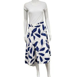 Marni White Blue Leaf Print Cotton and Linen Drill Wrap Midi Skirt Size 40 NEW